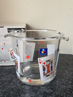 Luminarc Clear Glass Ice Bucket with Playing Card Design Game Night Poker NEW